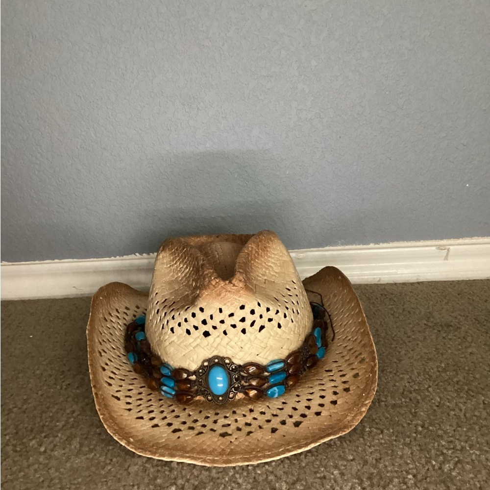 Straw Cowboy Hat with Turquoise Accents